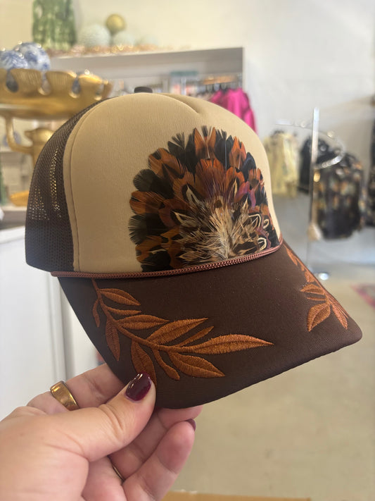 Brown Embroidered, Feather Trucker Hat