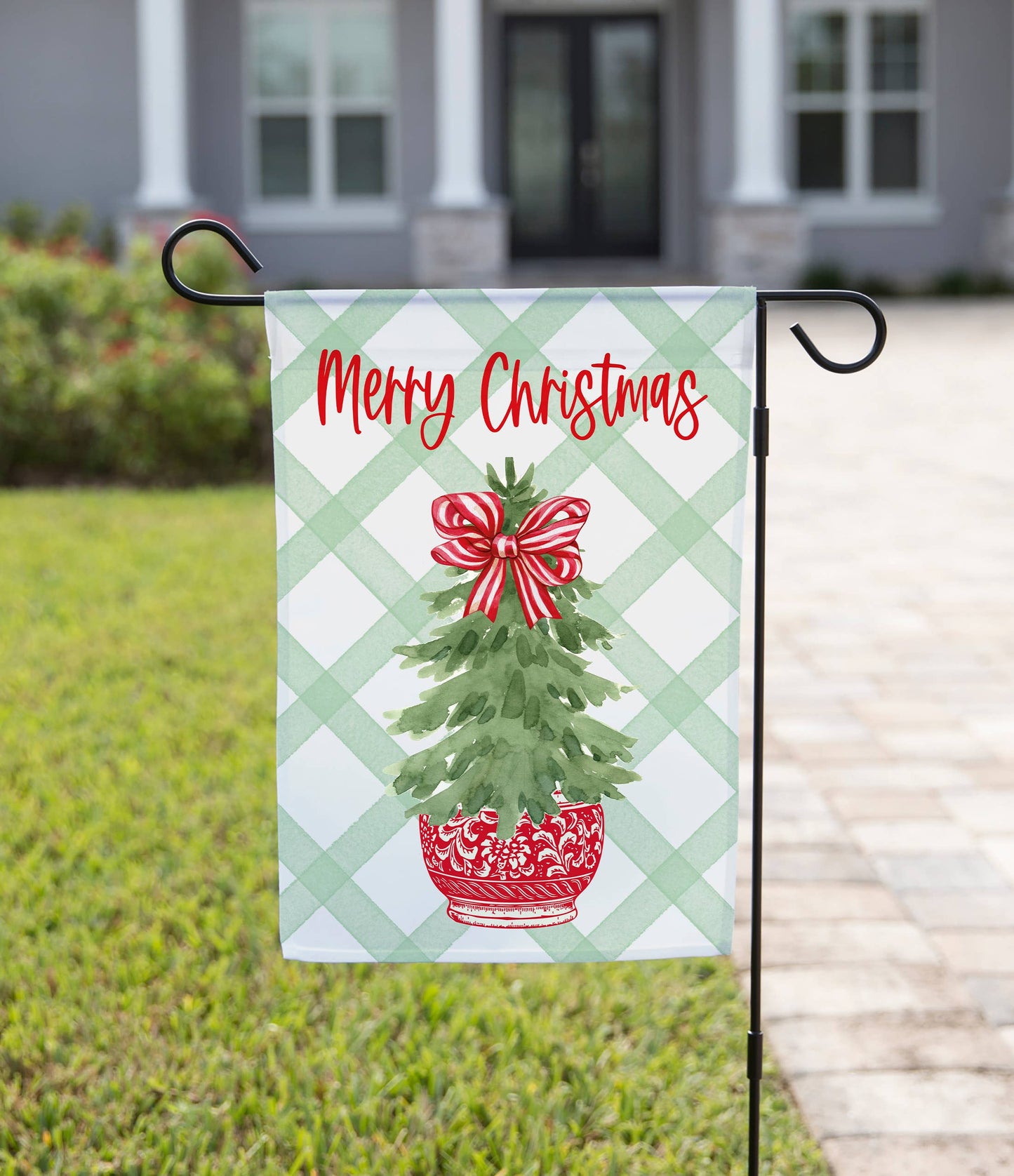 Christmas Garden Flag - Merry Christmas Tree with Red Bow: Double-Sided