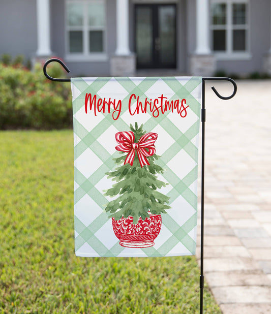 Christmas Garden Flag - Merry Christmas Tree with Red Bow: Double-Sided