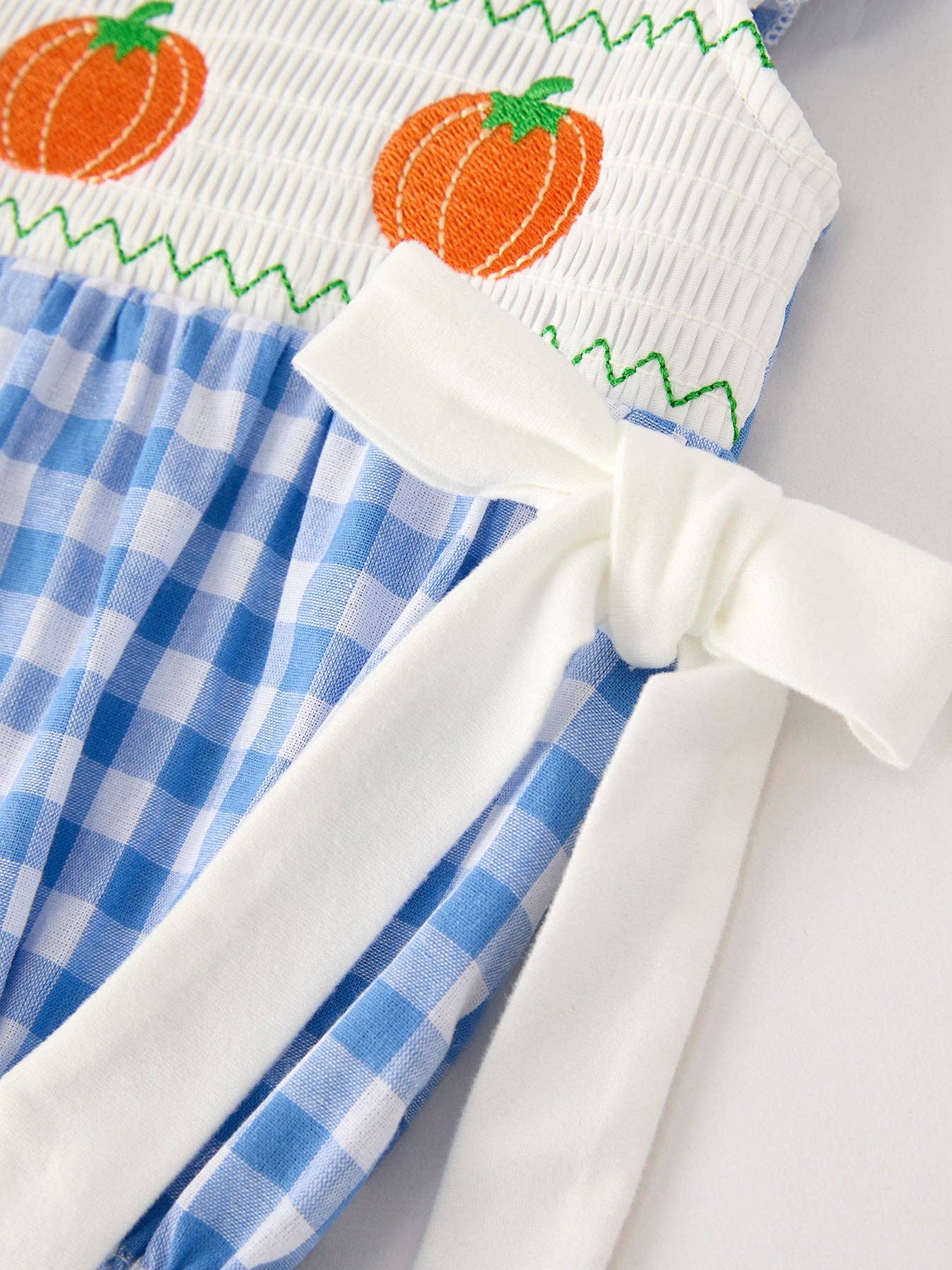 Blue Gingham Pumpkin Smock Embroidered Bubble- Baby Girl