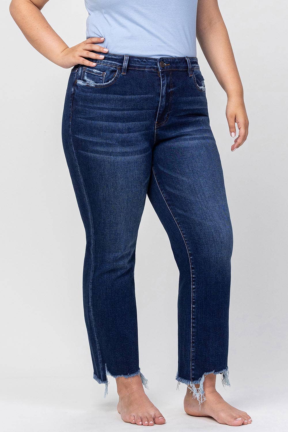 HIGH RISE DISTRESSED HEM KICK FLARE JEANS