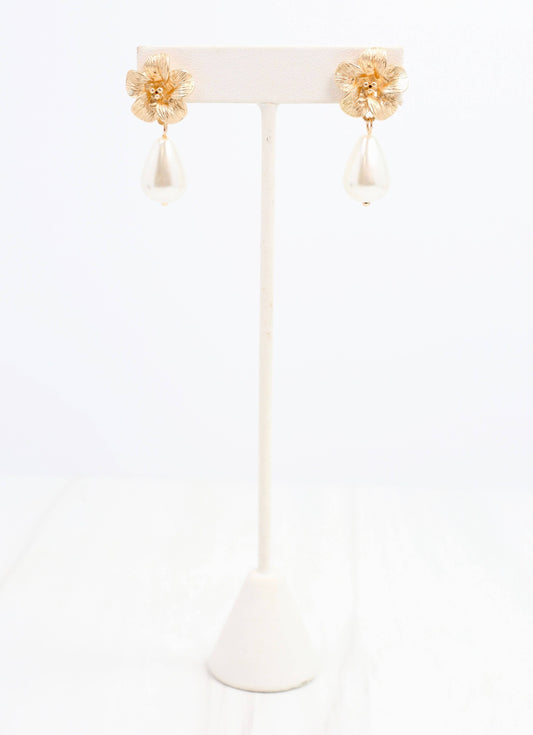 Wilcox Flower Pearl Drop Earring, Gold