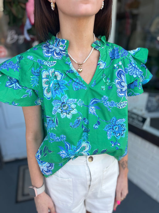 Royal Blue & Green Paisley Top