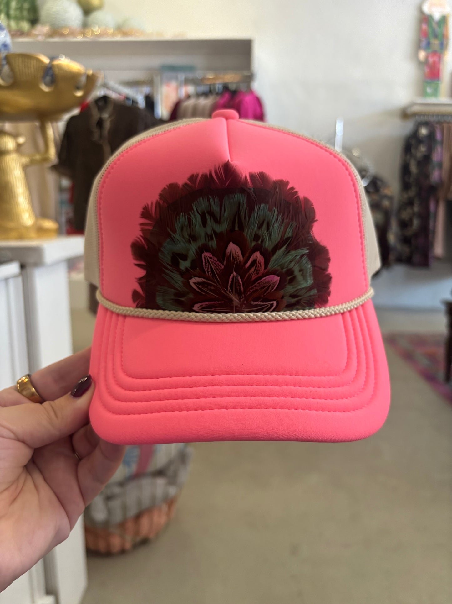 Neon Pink, Feather Trucker Hat