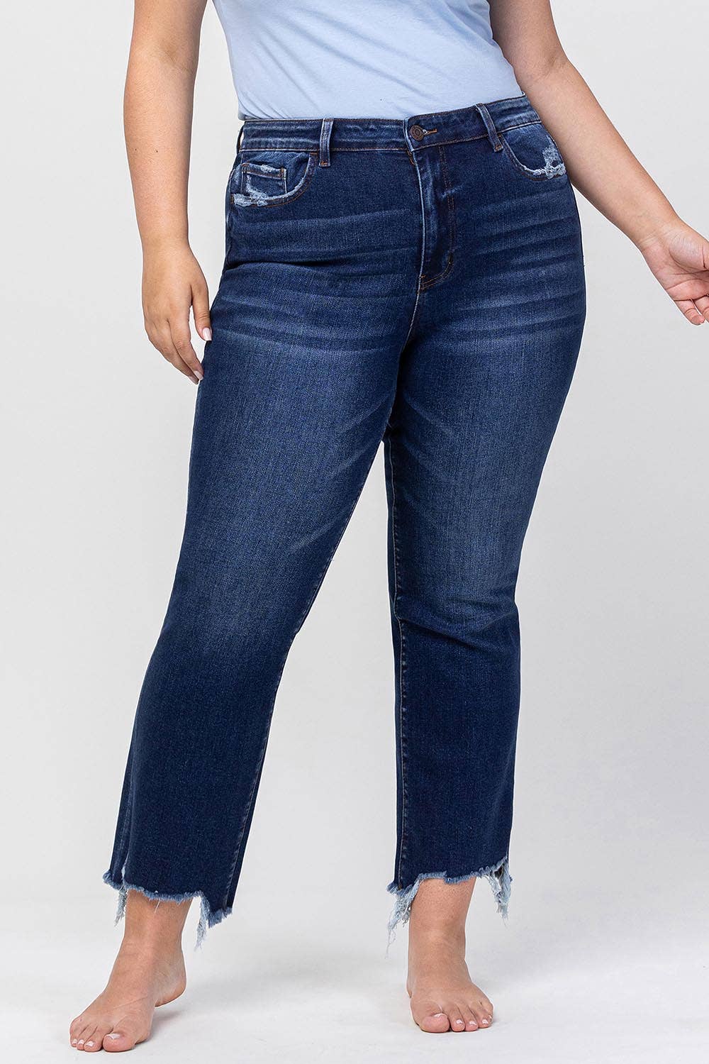 HIGH RISE DISTRESSED HEM KICK FLARE JEANS