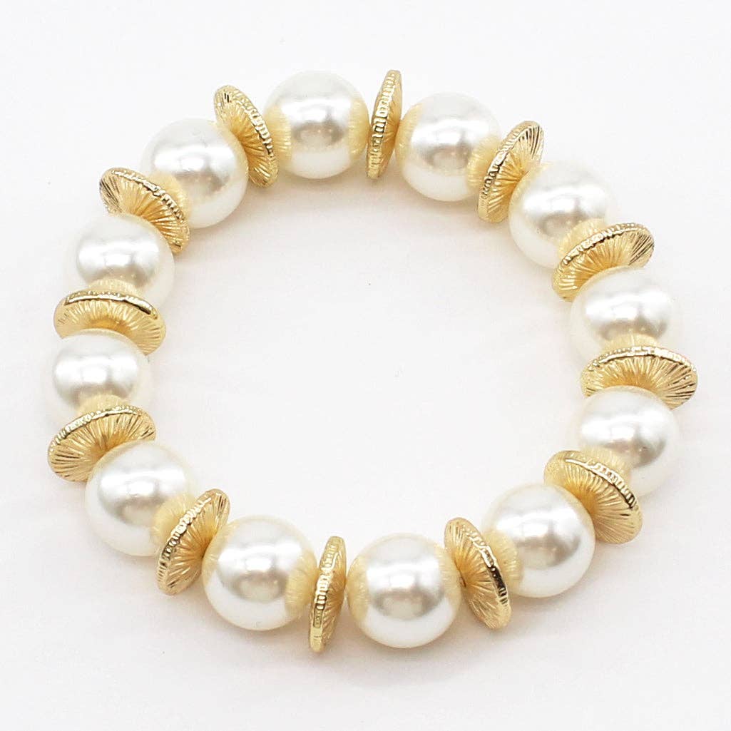 Pearl Beaded with Gold Flat Beaded Stretch Bracelet