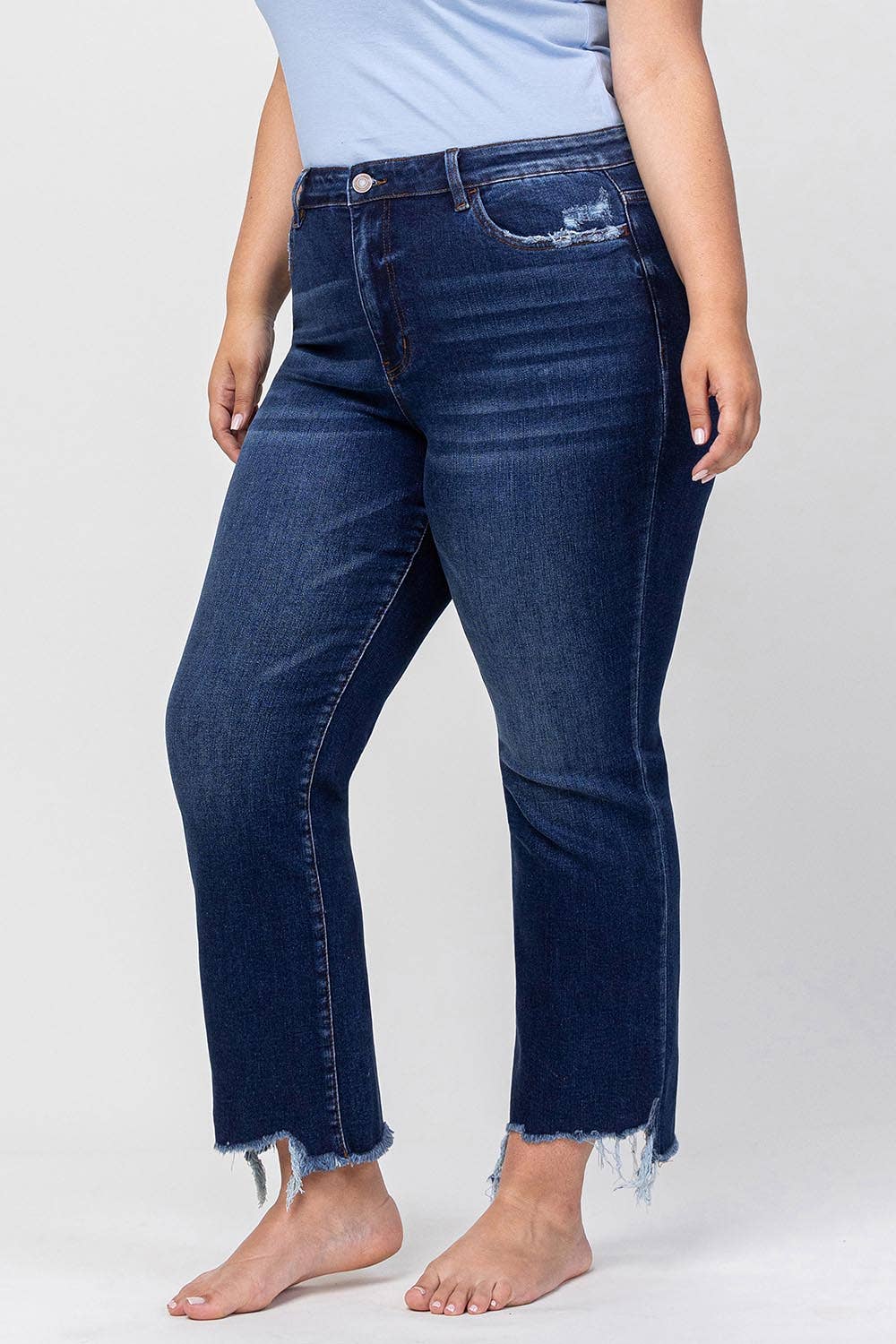 HIGH RISE DISTRESSED HEM KICK FLARE JEANS
