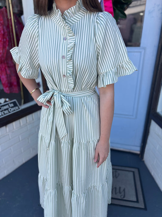 Sage Stripes and Ruffle Midi Dress