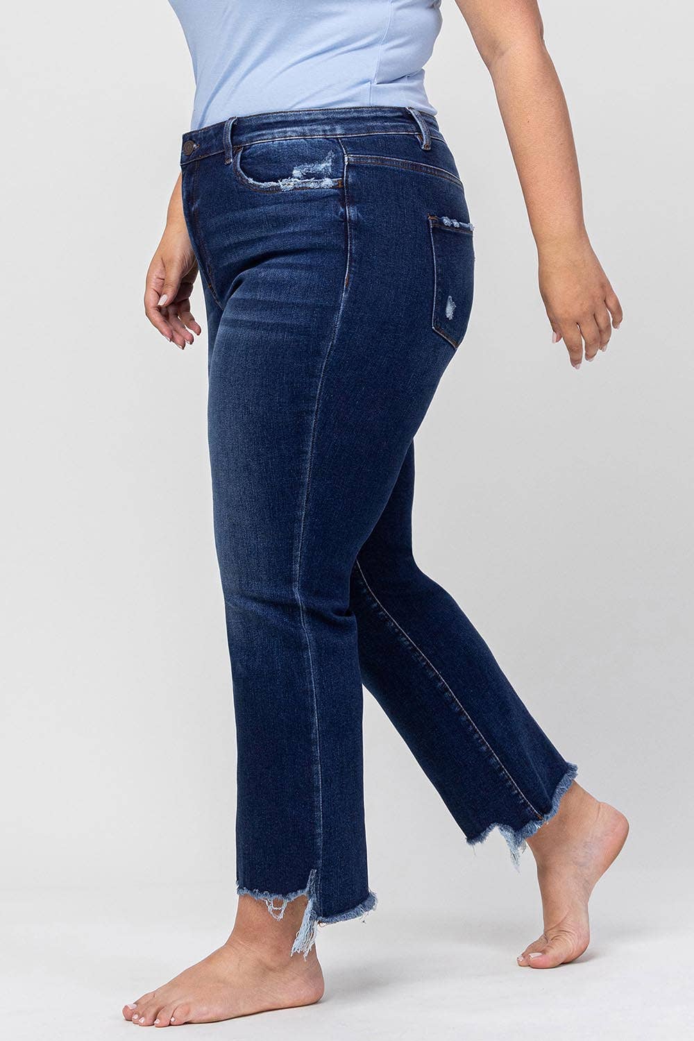 HIGH RISE DISTRESSED HEM KICK FLARE JEANS