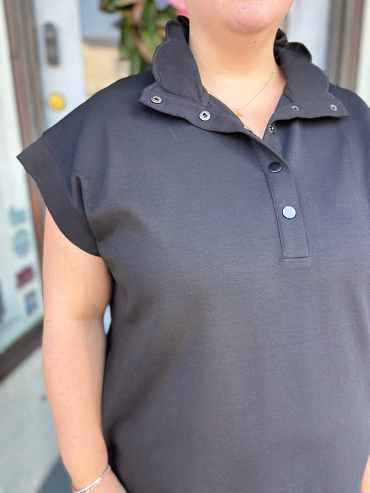 Sporty Girl Scalloped Black Dress, Plus