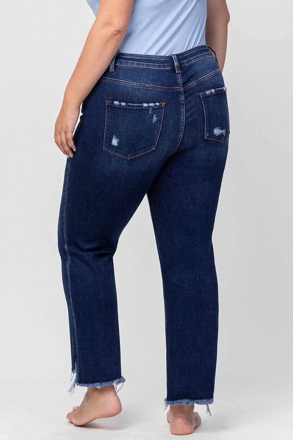 HIGH RISE DISTRESSED HEM KICK FLARE JEANS