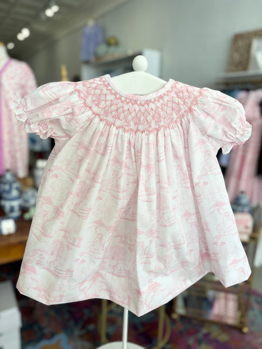 Pink Toile Bishop Smocked Dress