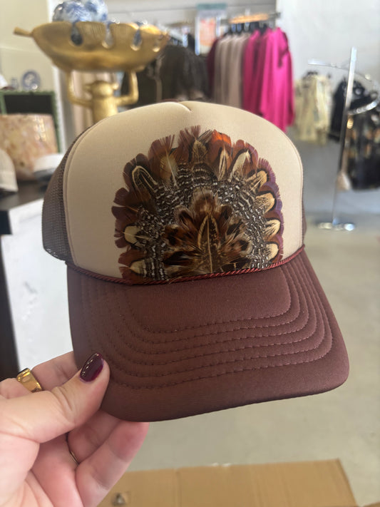 Tan & Brown Feather Trucker Hat