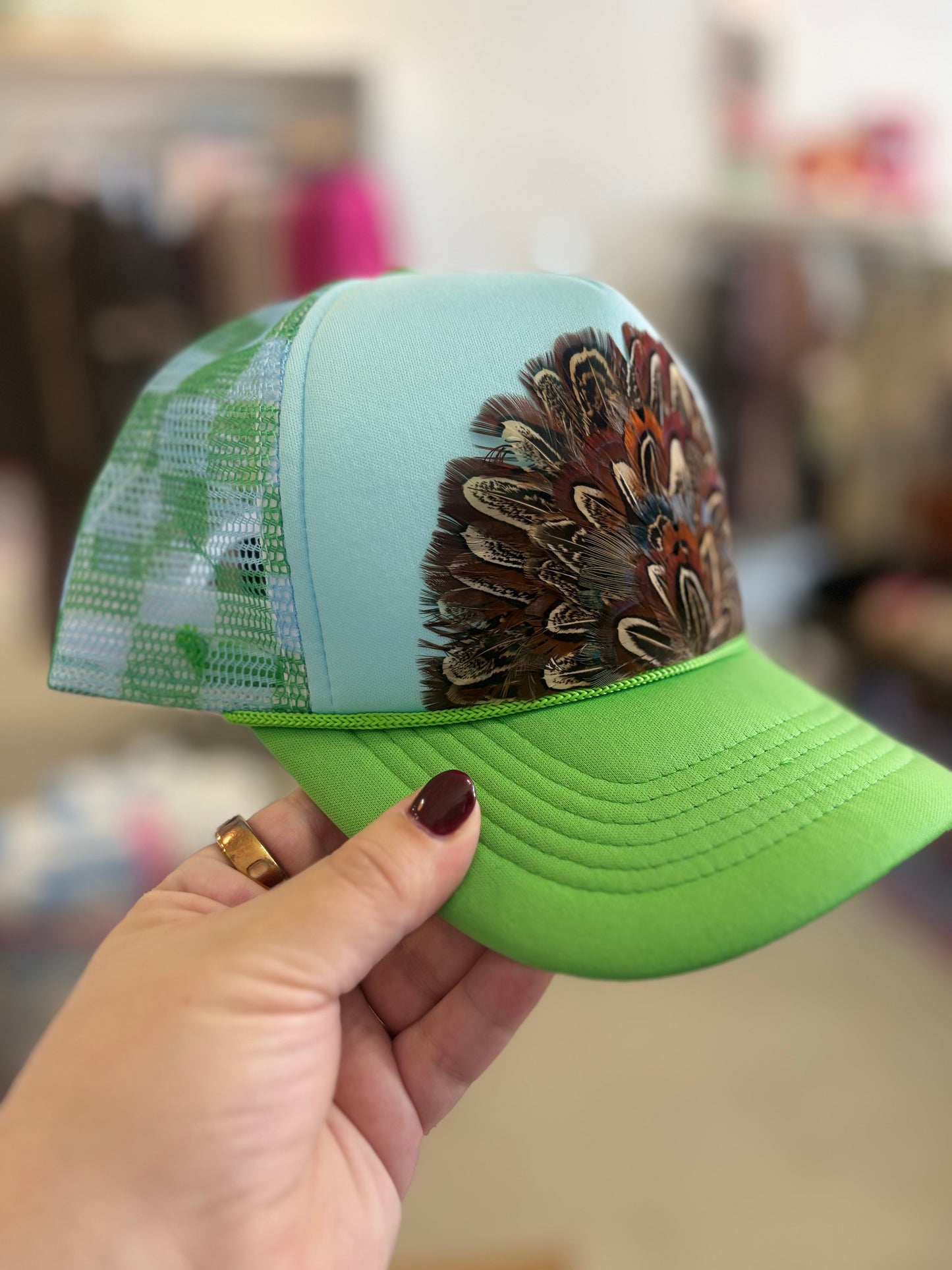 Blue & Green Feather Trucker Hat!