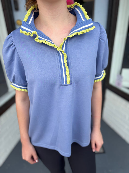 Blue Luxe Ruffle Top