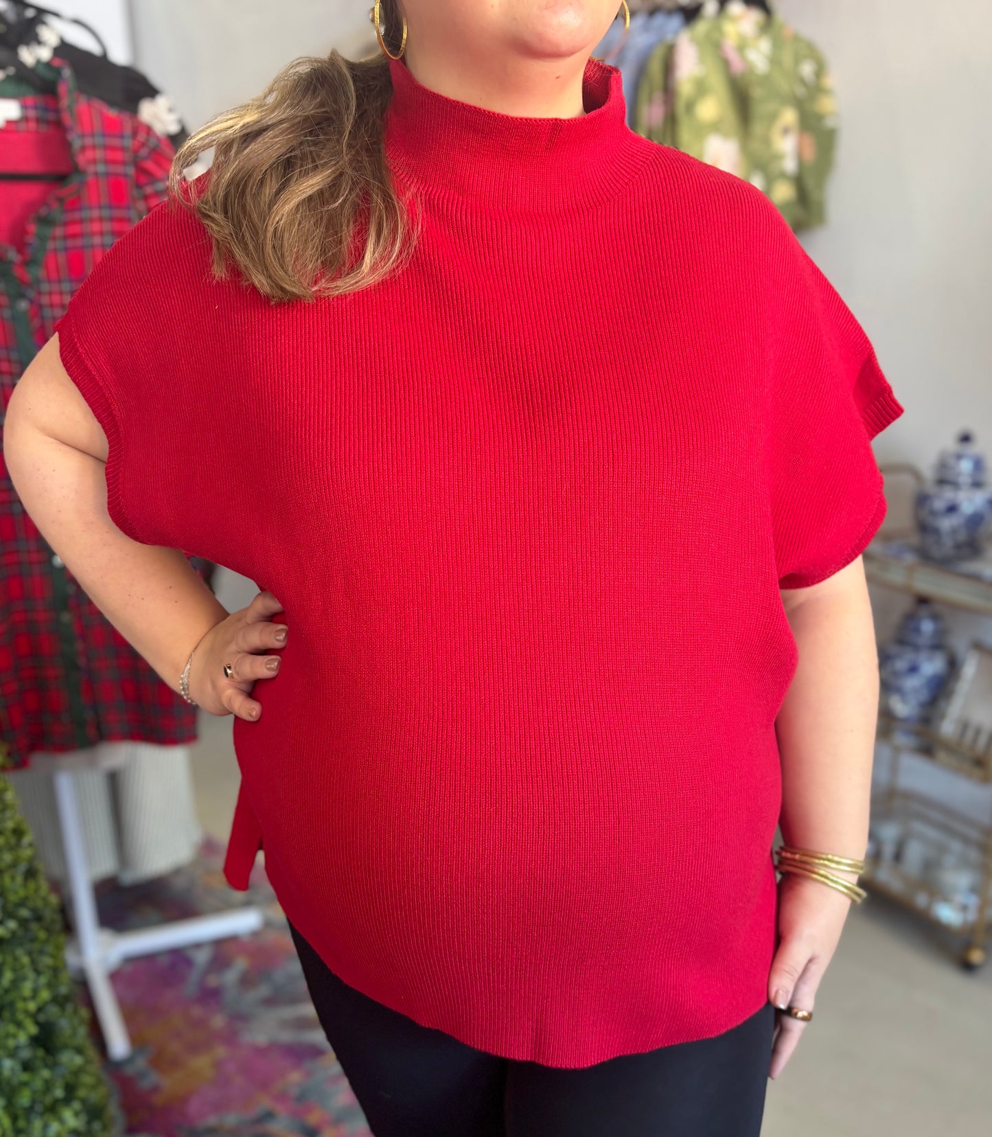 Joyful Red Mock Neck Sweater Top, PLUS
