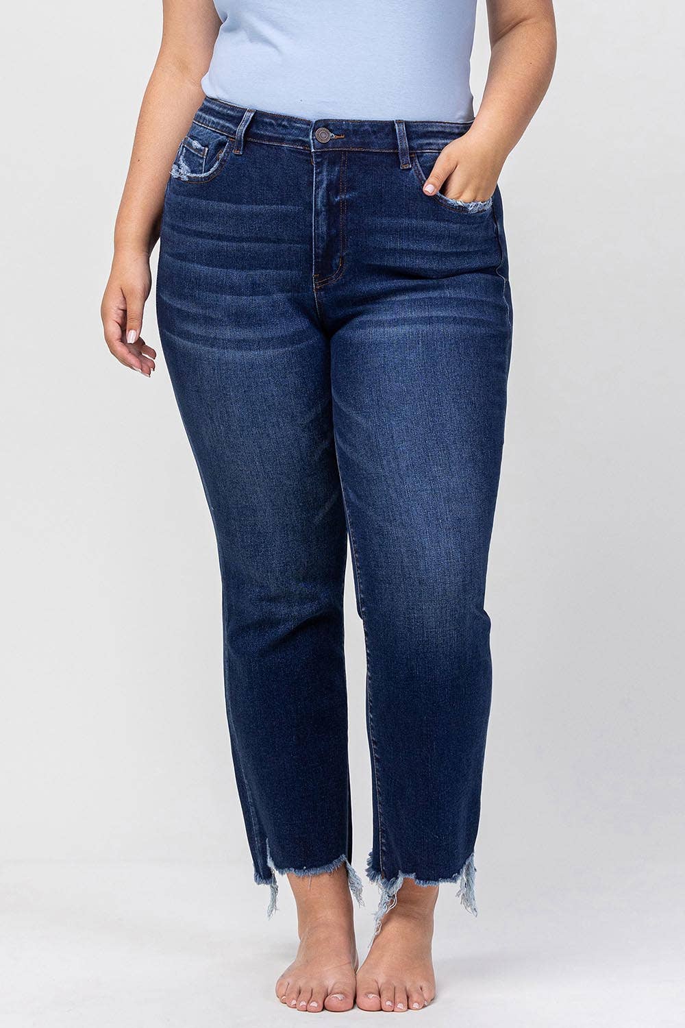 HIGH RISE DISTRESSED HEM KICK FLARE JEANS
