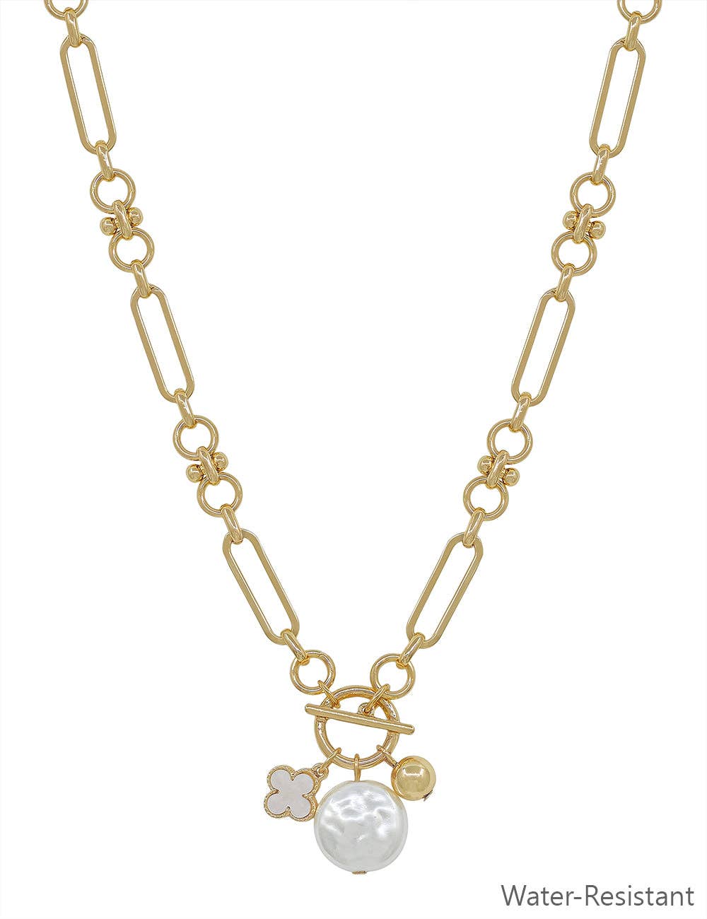 Gold Chain with Pearl, Clover Charms Necklace