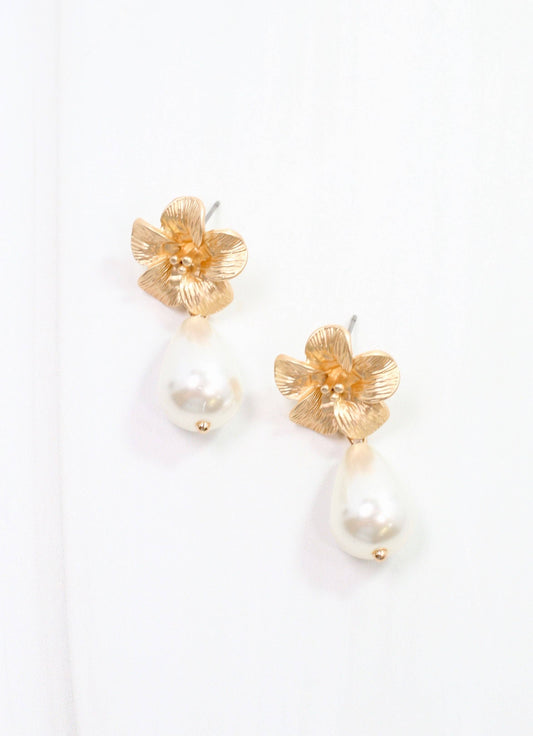 Wilcox Flower Pearl Drop Earring, Gold