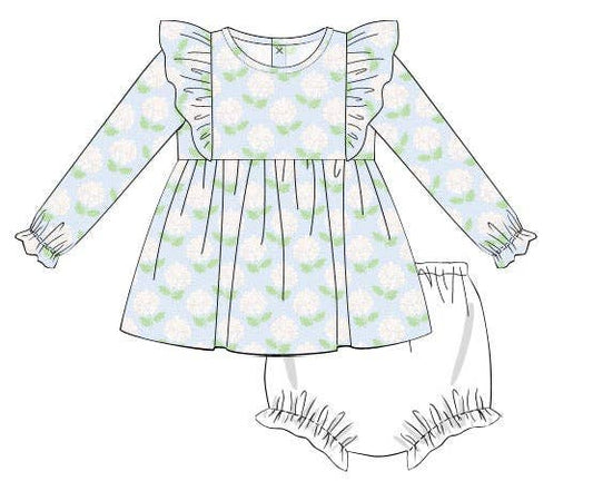 Long Sleeve Ruffle Hydrangea Top with Diaper Cover Set
