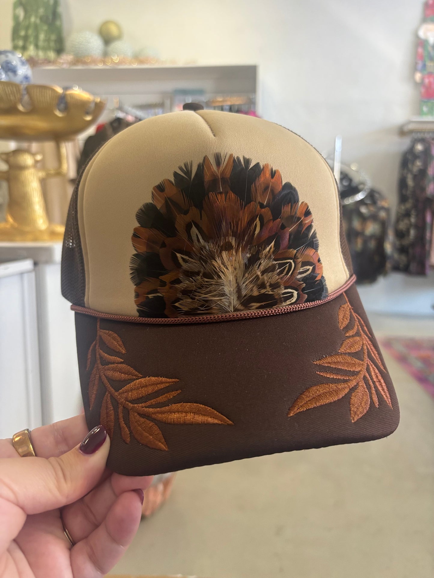 Brown Embroidered, Feather Trucker Hat