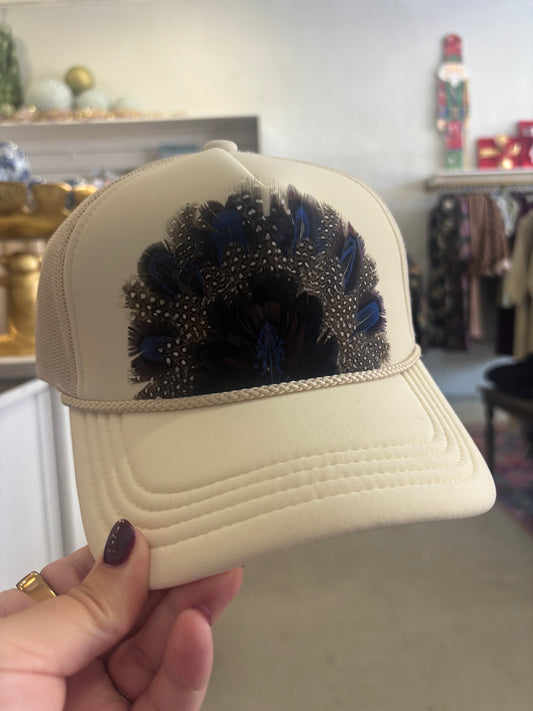 Cream & Blue Feather Trucker Hat