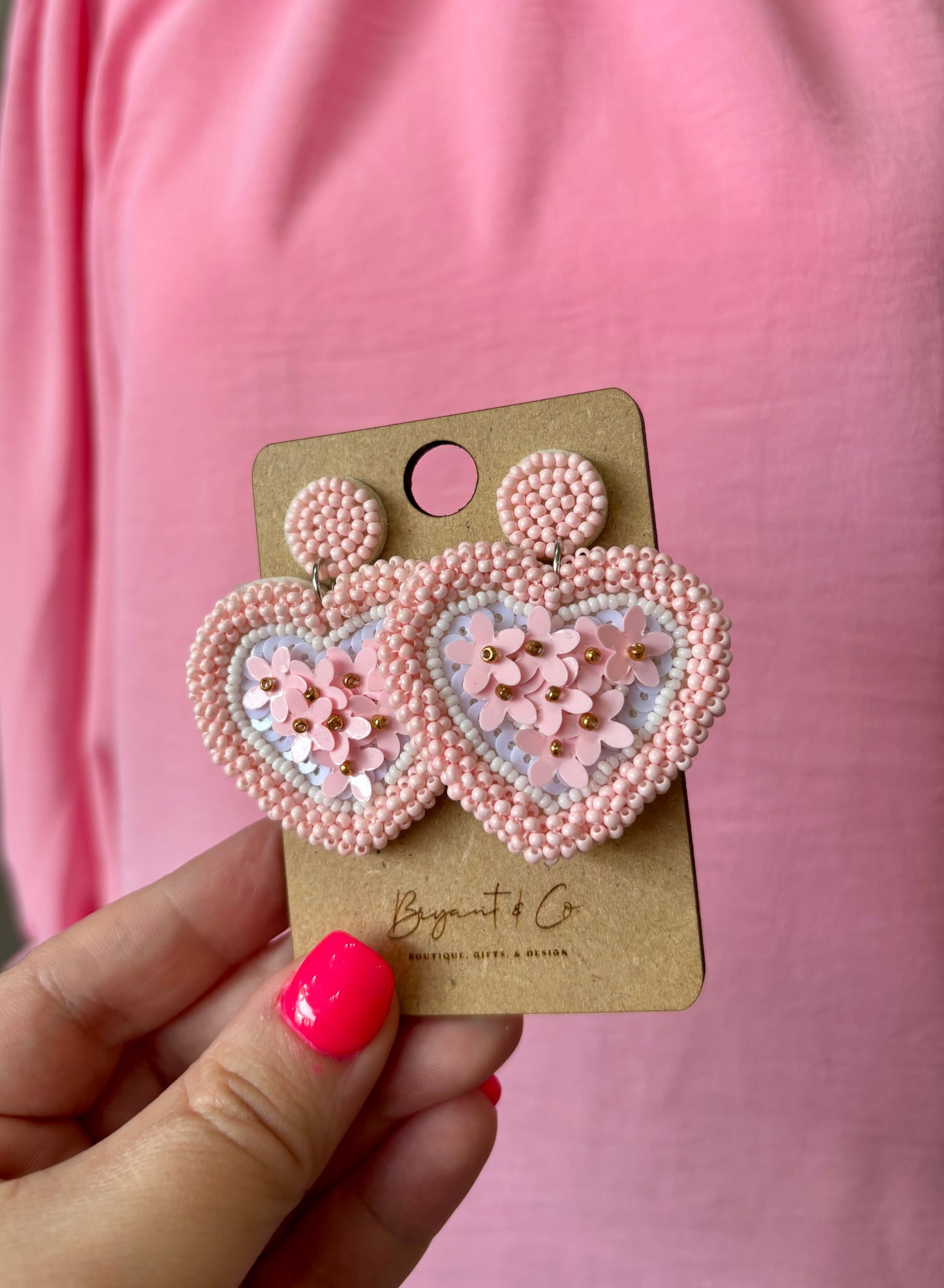 Pink Flower Heart Earrings