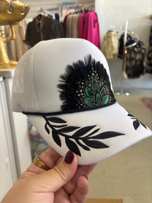 Black + White Embroidered Feather Trucker Hat