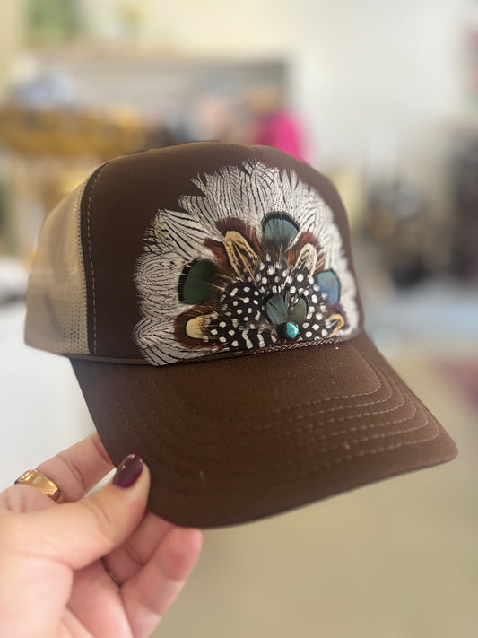 Brown & Neutral Feather Trucker Hat