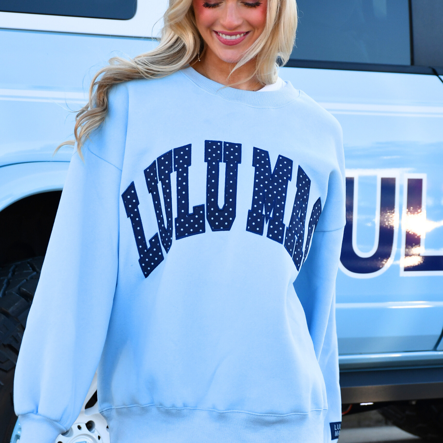 LULU MAC- Light Blue/Navy Polka Dot Embroidered Sweatshirt