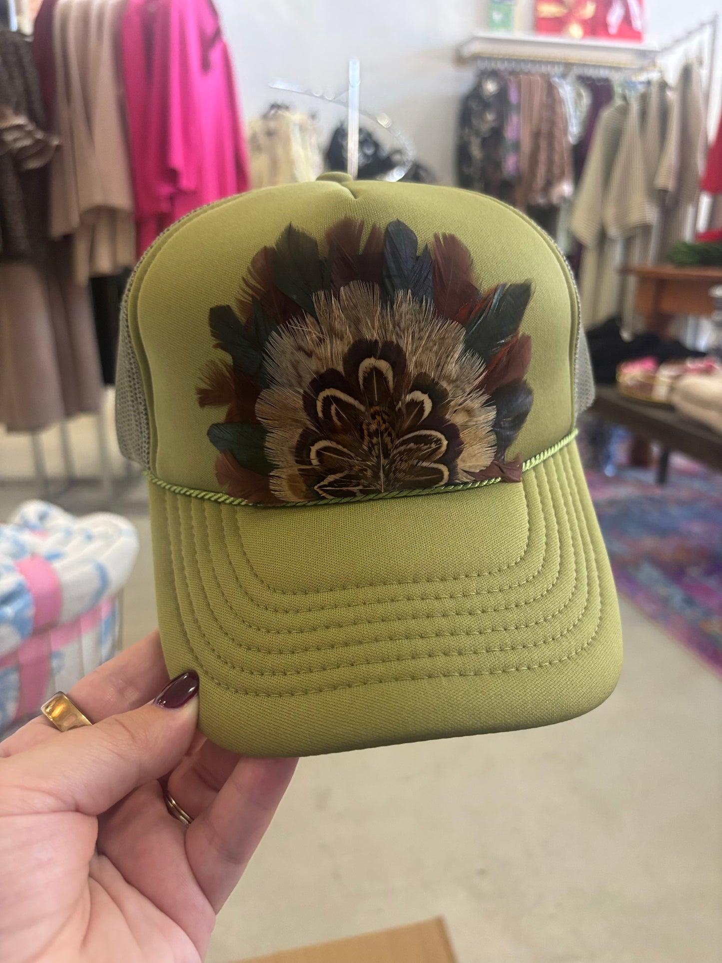 Olive Green, Feather Trucker Hat