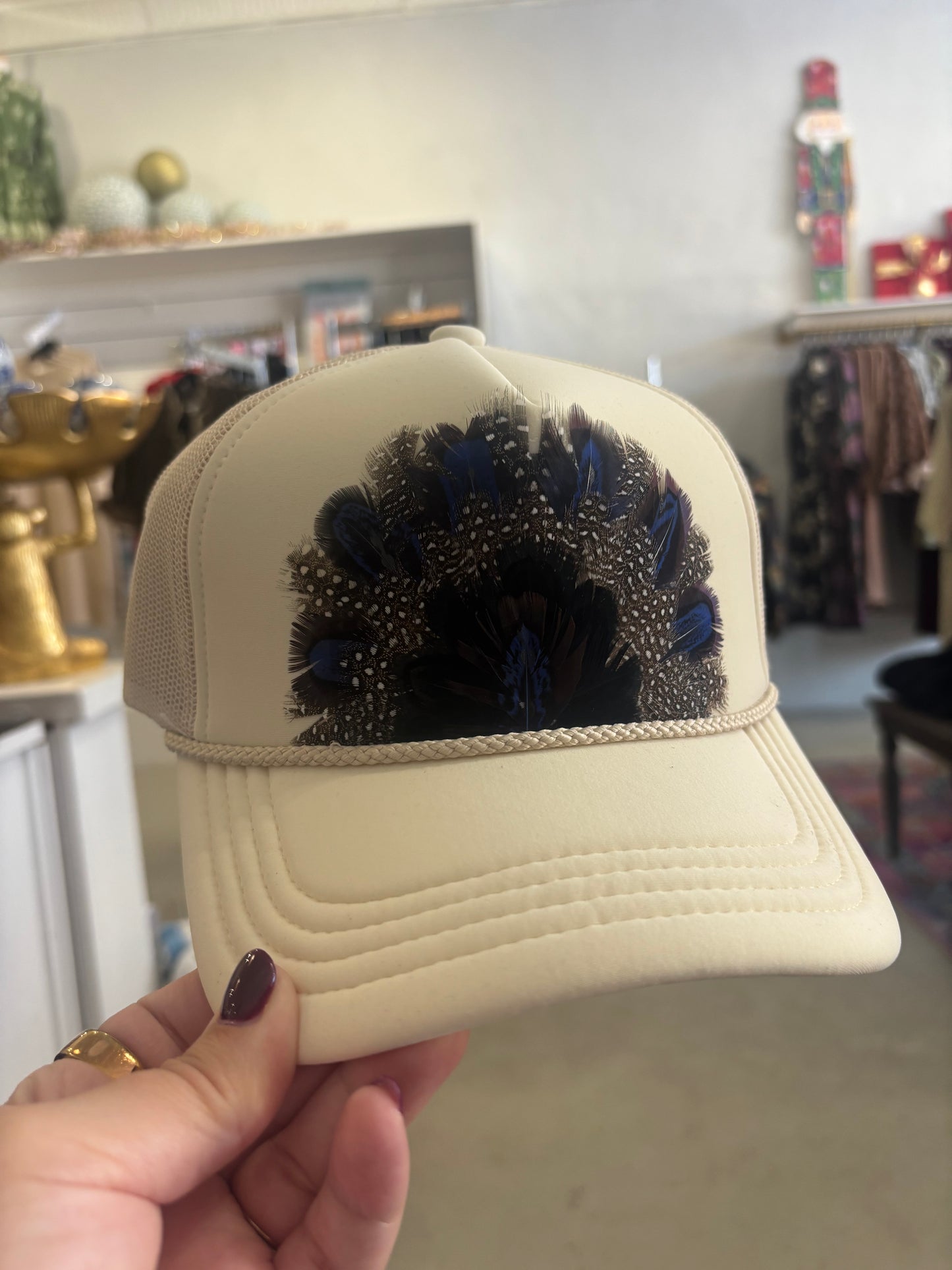 Cream & Blue Feather Trucker Hat
