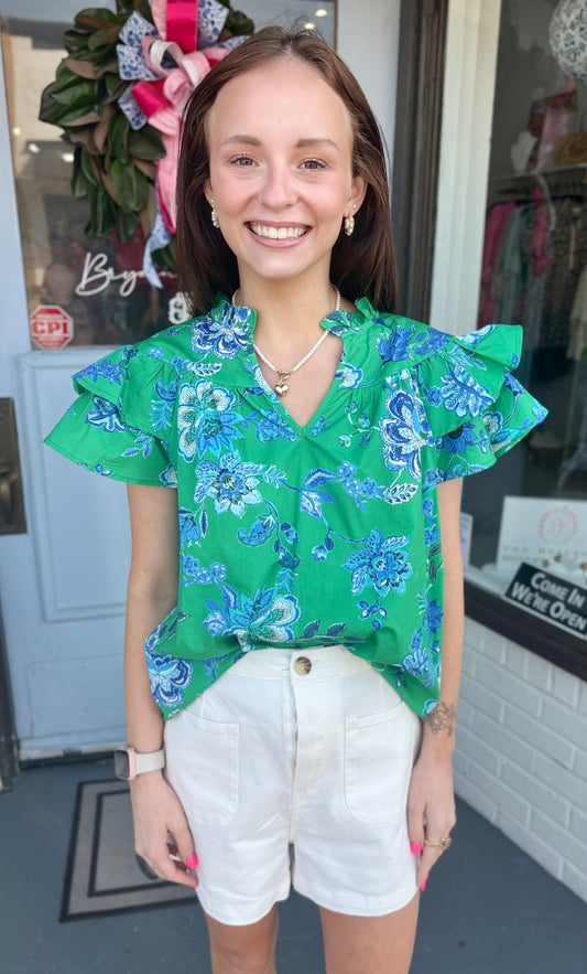 Royal Blue & Green Paisley Top