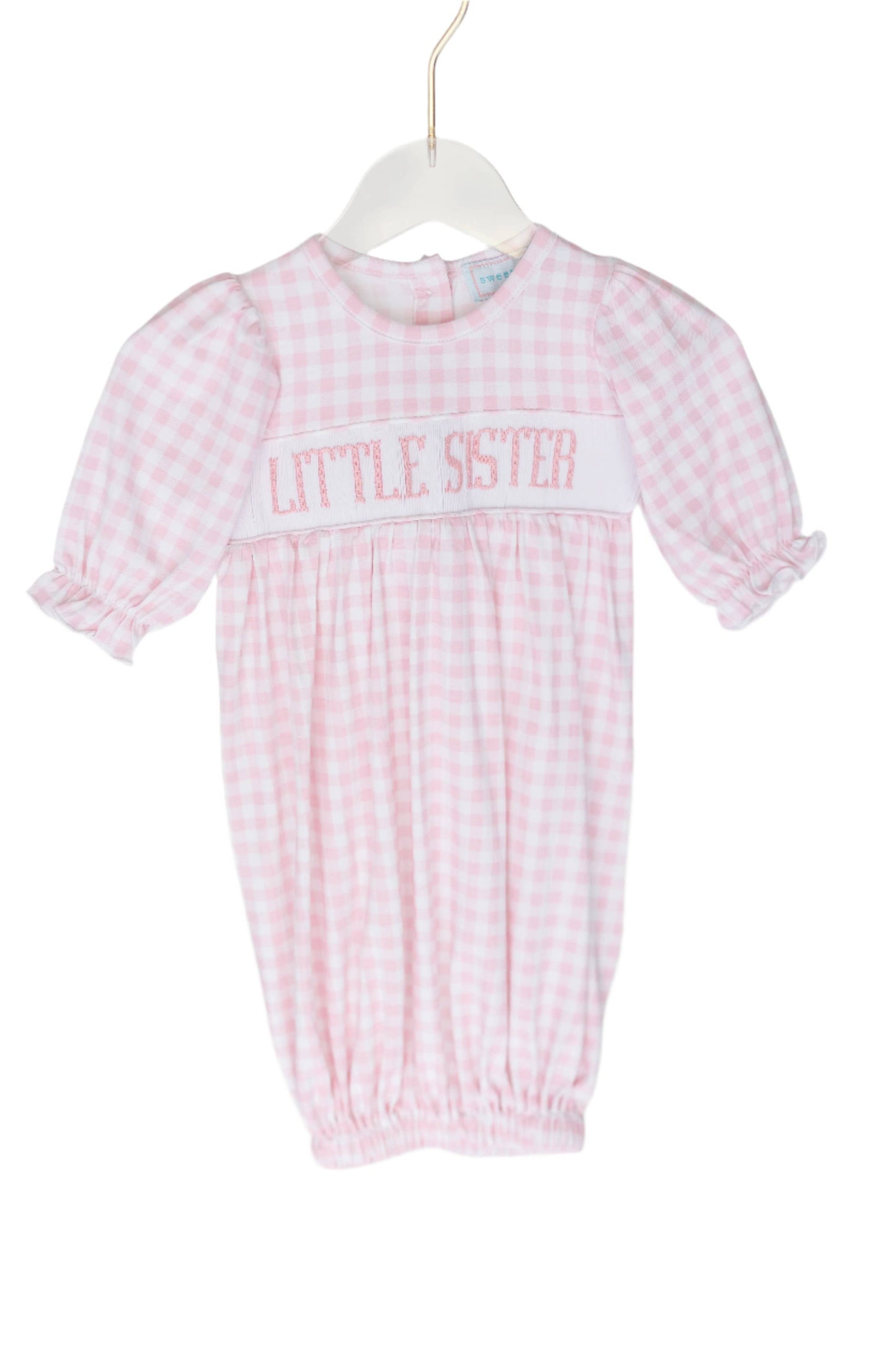 Smocked Little Sister Gown in Pink Gingham