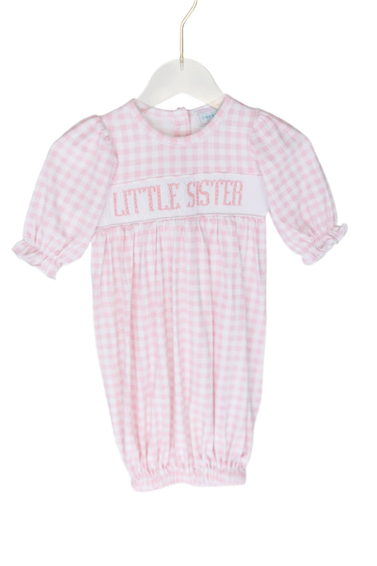 Smocked Little Sister Gown in Pink Gingham