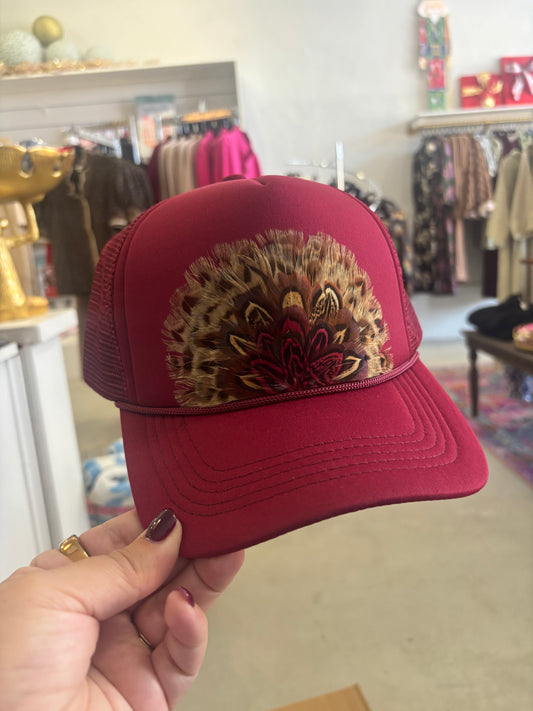 Burgundy Feather Trucker Hat