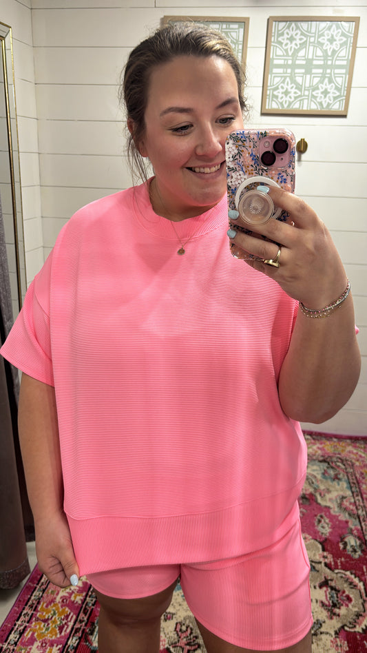 Bright Pink Ribbed Short Set