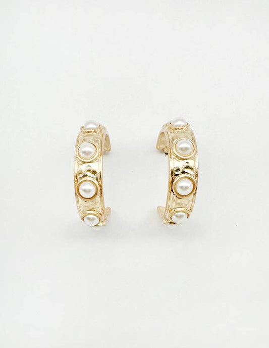Gold Hoop with Pearl Studded Accents 1.5" Earring