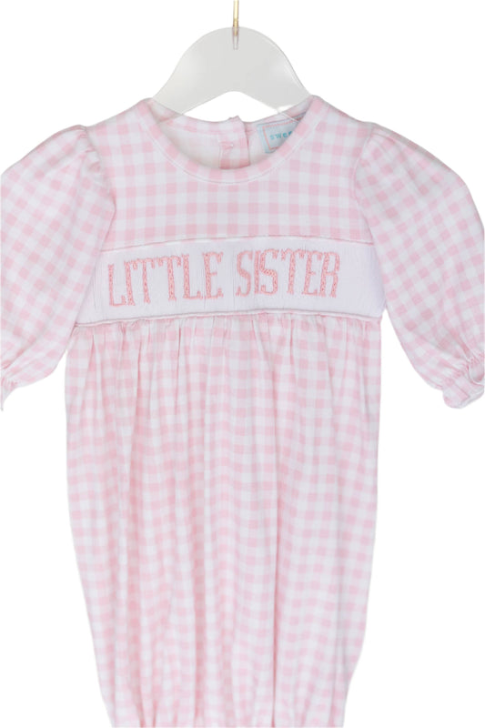 Smocked Little Sister Gown in Pink Gingham
