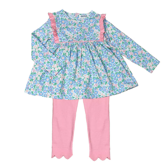 Blue & Pink Floral Girls Legging Set
