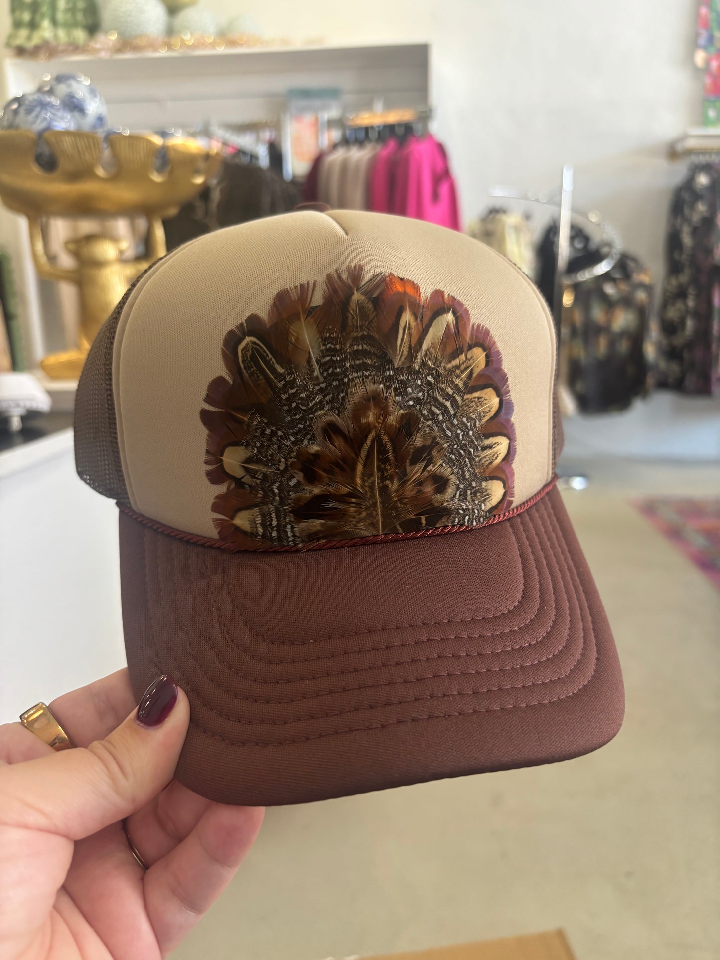 Tan & Brown Feather Trucker Hat