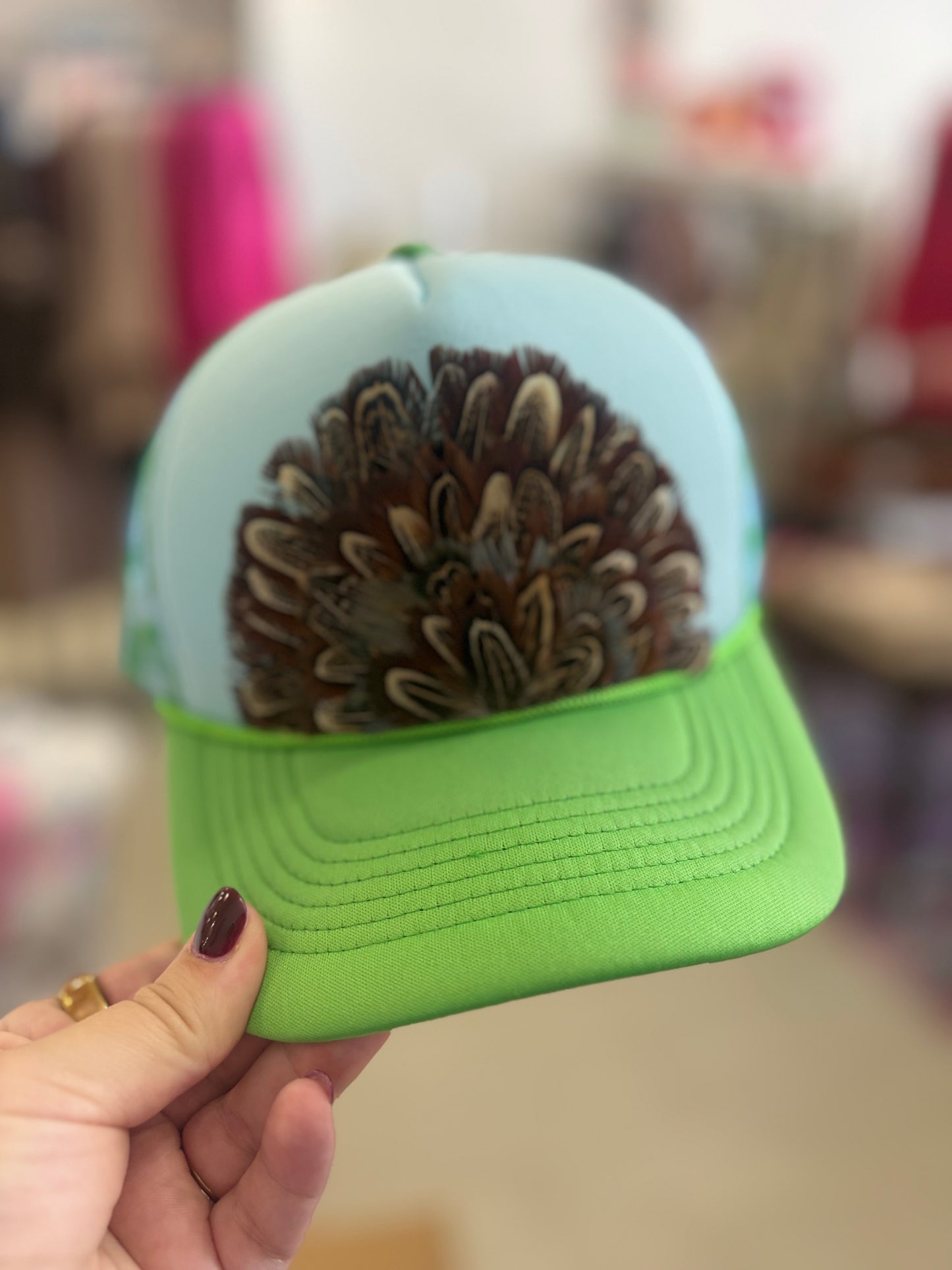 Blue & Green Feather Trucker Hat!