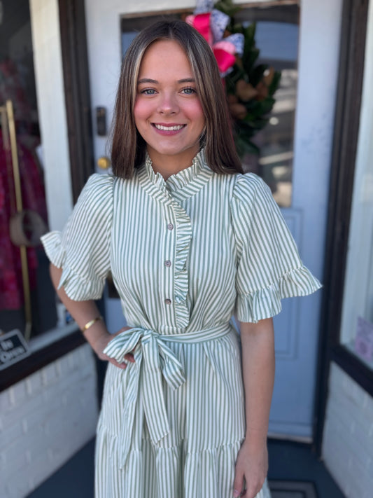 Sage Stripes and Ruffle Midi Dress