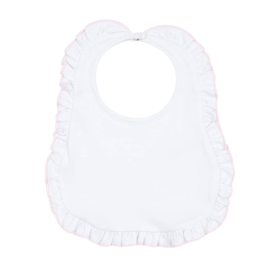 White Ruffle Bib! Baby pink trim!