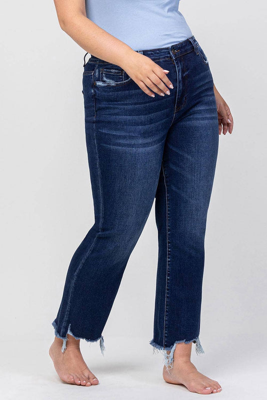 HIGH RISE DISTRESSED HEM KICK FLARE JEANS