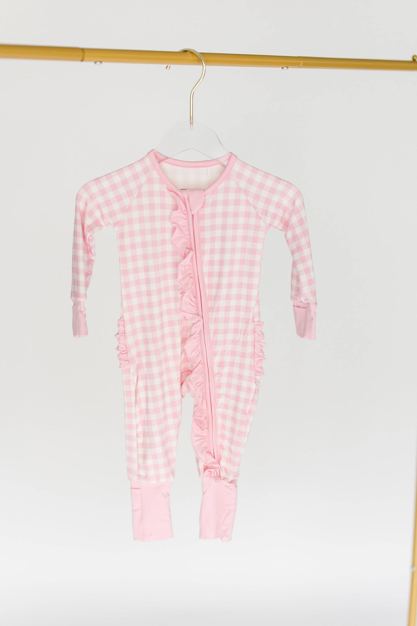 Pink Gingham Ruffle One Piece Bamboo Pajamas