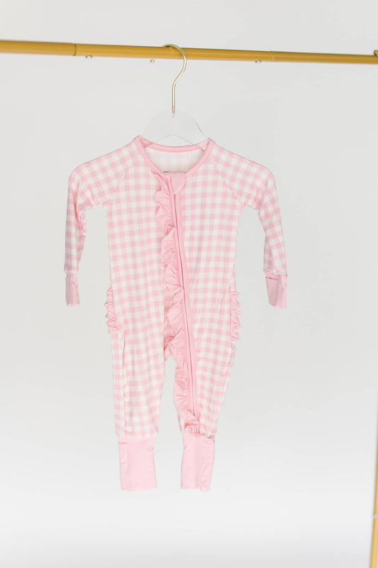 Pink Gingham Ruffle One Piece Bamboo Pajamas