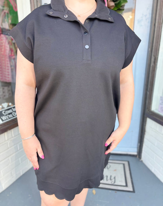 Sporty Girl Scalloped Black Dress, Plus
