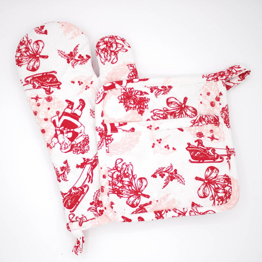 Santa Toile Oven Mitt Set