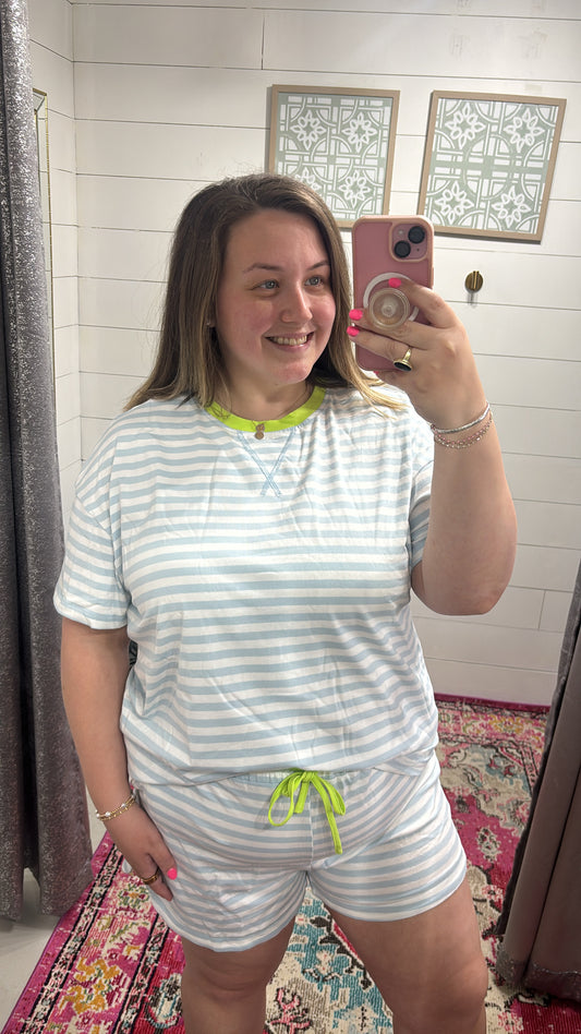 Light Blue Stripe Contrast Short Set